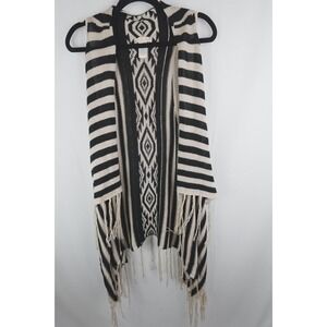 It's Our Time S Aztec Fringe Knit‎ Drape Vest Black Ivory Boho Festival